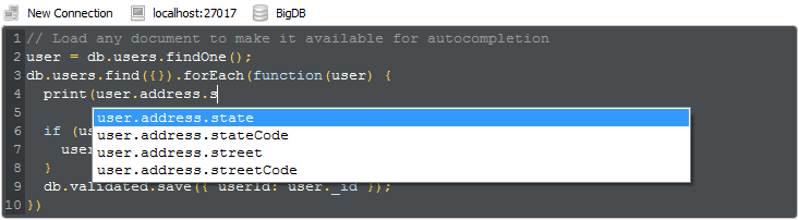 Robo 3T provides real query auto-completion
